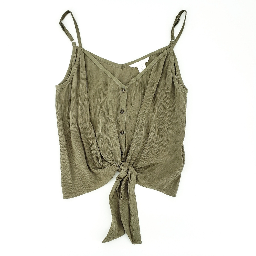 H&M Tie Front Crop Olive Green Tank Top Size 6